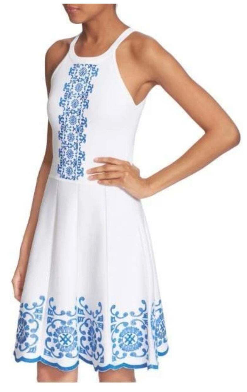 Parker Cheryl White Blue Embroidery Knit Halter Fit & Flare Preppy Coastal Dress